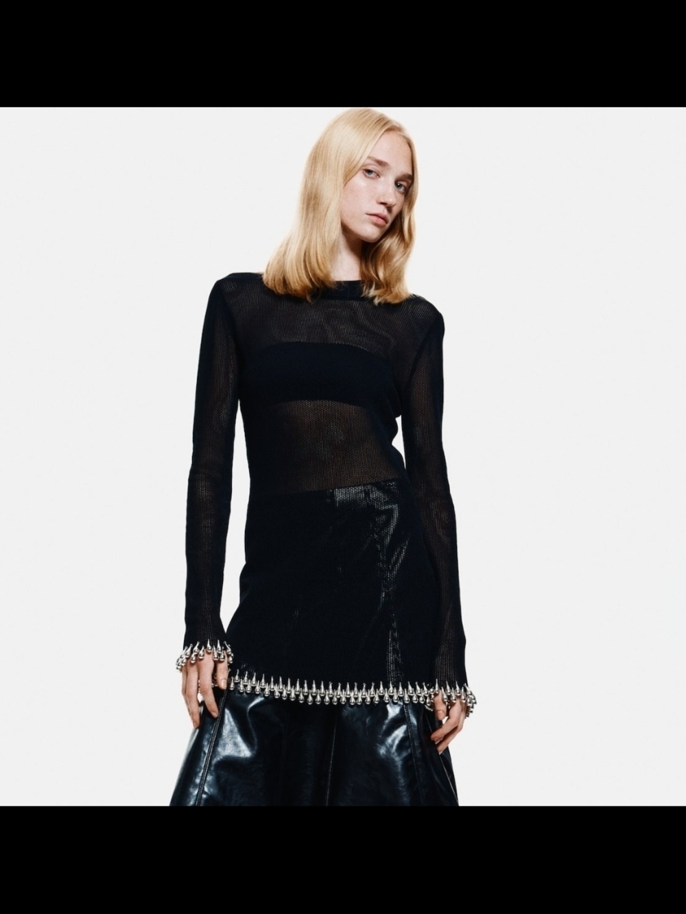 New Black Sheer Long-Sleeve Top with Chain Trim - Picture 1 of 5